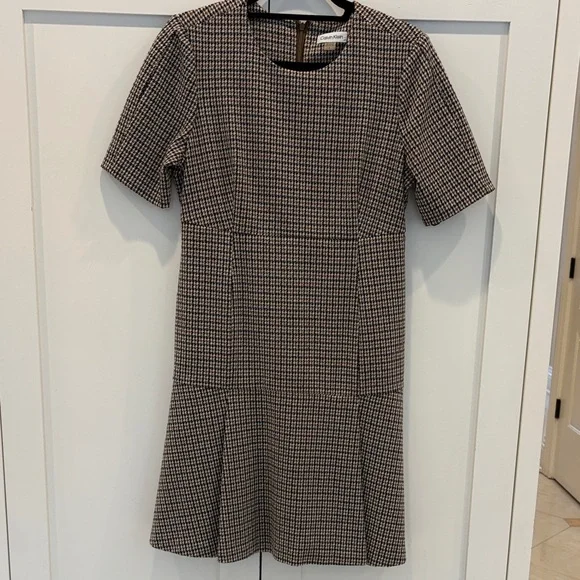Calvin Klein 8 Elegant brown beige and White Houndstooth Dress - Picture 1 of 5